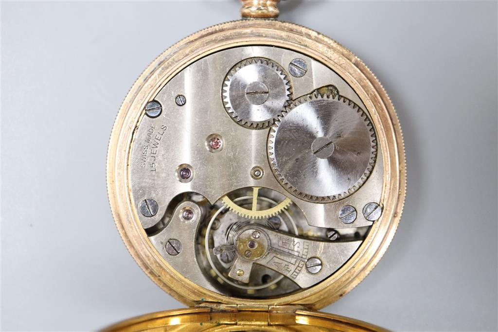 A gold plated Record hunter pocket watch and a Thussy swivelling pendant watch(a.f.).